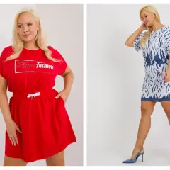 Kobieta w czerwonej sukience z napisem "Love Fashion" i w niebieskiej sukience z wzorem płomieni. Stylowa moda włoska plus size.