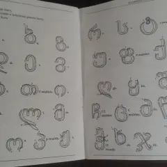 Ilustracja pokazuje alfabet gruziński z podziałem na poszczególne litery, ich nazwy i wskazówki dotyczące pisania.