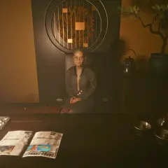 Starsza kobieta w cyberpunkowym świecie, gdzie dobre uczynki popłacają, siedzi przy biurku. Obok niej gazeta i miniaturowy bonsai.