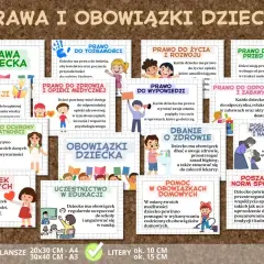Zestaw plansz edukacyjnych o prawach dziecka, ilustrujących prawa do tożsamości, edukacji, ochrony, życia, wypowiedzi, opieki medycznej, odpoczynku i zabawy.
