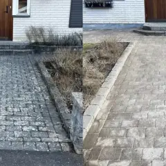 Före och efter-bild som visar hur man kan ta bort mossa på stenplattor med husmorstips. En ren och fräsch gång leder fram till huset.