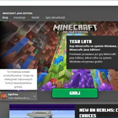 Minecraft Launcher z zainstalowanym OptiFine 1.18.2. Widoczna jest informacja o modyfikacji instalacji i ostrzeżenie.