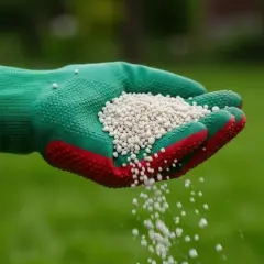 Ręka w zielonej rękawicy z czerwonymi elementami trzyma biały **pulan**, który sypie się na trawę.