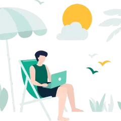 Mężczyzna pracuje na laptopie pod parasolem plażowym, marząc o wakacjach od ZUS 2026. Palmy i słońce dopełniają obraz.