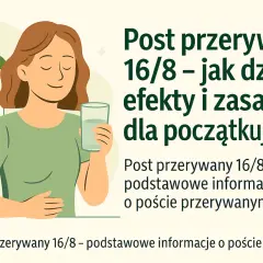 Kobieta z uśmiechem trzyma szklankę wody, obok kalendarz. Grafika ilustruje zasady postu przerywanego 16/8 dla początkujących.