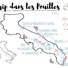 Carte d'un road trip dans les Pouilles, Italie, avec des photos de grottes marines et de trulli. Itinéraire jalonné de villes, de lieux de séjour et de coups de cœur.