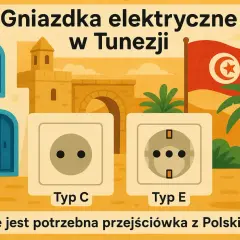 Ilustracja przedstawia dwa typy gniazdek elektrycznych (Typ C i Typ E) na tle tunezyjskiego krajobrazu z flagą Tunezji.