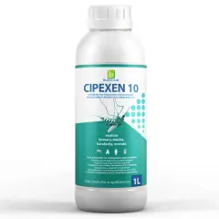 Butelka płynu CIPEXEN 10, który skutecznie zwalcza komary, muchy i inne owady latające oraz biegające.
