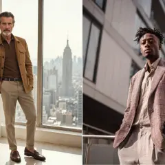 Hombre mayor con chaqueta y pantalón beige, y hombre joven con traje a cuadros. Ambos lucen un atuendo elegante y moderno.
