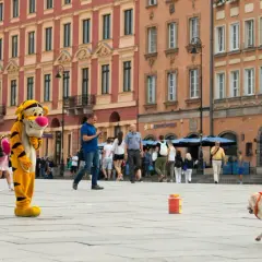 Tygrys z bajki i pies na placu w Warszawie. W tle kamienice i turystyczny pociąg. Idealne miejsce na spacery, takie galerie przyjazne psom warszawa.