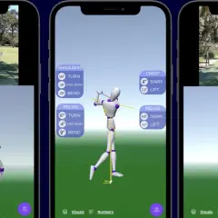 Tre iPhones visar en golfanalysapp. En visar en riktig golfare, en annan en 3D-modell med siffror för en perfekt golfsving.