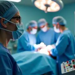 Anestezjolog w masce i czepku obserwuje operację. W tle zespół chirurgów przy stole operacyjnym.
