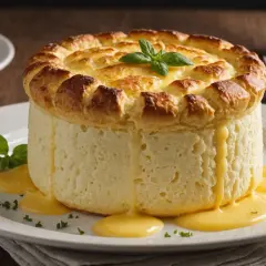 Un délicieux soufflé au fromage, doré et gonflé, servi sur une assiette blanche avec une sauce onctueuse.