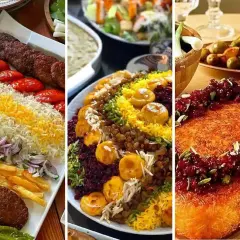 En härlig kompott av persisk mat: grillspett med ris, en färgglad risrätt med frukt och nötter, samt en söt dessert.