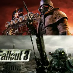 Postapokaliptyczny żołnierz z pistoletem przed neonowym napisem "Welcome to Fabulous New Vegas" i logo Fallout 3. Wygląda jak zapowiedź fallout 3 remaster.