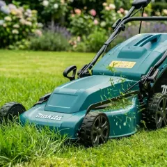 Zielona kosiarka elektryczna Makita w akcji, idealna do tworzenia własnego rankingu kosiarek elektrycznych.