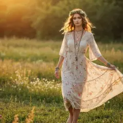 Kobieta w kwiecistej sukience i wianku na głowie, idealna stylizacja boho na wesele, spaceruje po łące w złotym świetle zachodzącego słońca.