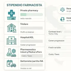 Stipendio dirigente farmacista ospedaliero: confronto tra settori (farmacia privata, titolare, ospedale/ASL, industria farmaceutica, partita IVA) e fattori che influenzano il guadagno.