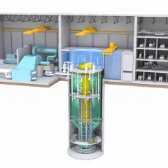 Przekrój nowoczesnego SMR: turbina, generator, reaktor w szybie, pomieszczenia kontrolne i magazynowe.
