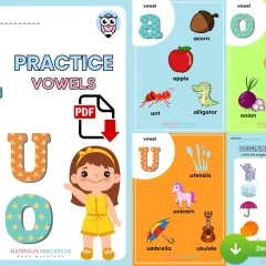 Fichas vocales con dibujos para practicar las letras a, e, i, o, u. Incluye imágenes de animales y objetos.