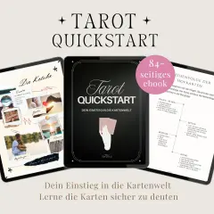 Ebook "Tarot Quickstart" z instrukcjami, jak wróżyć z kart. Na ekranach tabletów widoczne są grafiki i teksty dotyczące tarota.