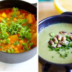 Två läckra vegetariska recept: en mustig gryta med kikärtor och grönsaker, toppad med persilja, och en krämig grön soppa med pistagenötter och gräslök.