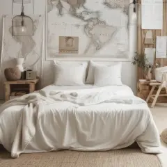 Przytulna sypialnia w stylu scandi boho z łóżkiem, mapą świata na ścianie i naturalnymi materiałami.
