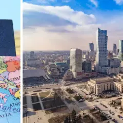 Flaga UE na mapie Europy i panorama Warszawy. Czekamy na moment, kiedy wejdzie w życie ustawa o OZE, by rozwijać zieloną energię.