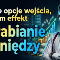 Prospekt z mężczyzną w okularach, wykresami giełdowymi i stosem pieniędzy.