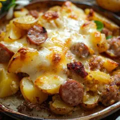 Un délicieux gratin de pommes de terre et saucisses, gratiné au fromage fondant, servi dans une assiette rustique.