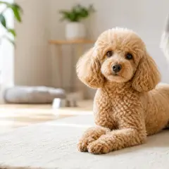 Caniche marrón tumbado en una alfombra, con plantas y muebles de fondo. Aunque son perros sanos, se debe vigilar de qué suelen morir los caniches.