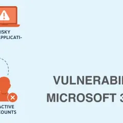 Un bouclier bleu affiche "80% SECURE SCORE", entouré de risques : failles MFA, applications risquées, exfiltration et comptes inactifs.