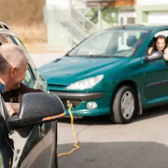Mężczyzna pomaga kobiecie w holowaniu pojazdu. Żółta linka łączy oba samochody.