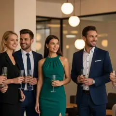 Elegancko ubrani ludzie na firmowym evencie. Inspiracja, jak się ubrać na imprezę firmową, by wyglądać stylowo i profesjonalnie.
