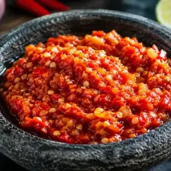 En skål med kryddig sambal oelek sås, omgiven av färska chilifrukter, vitlök och en limeklyfta. Perfekt för att ge hetta till maten.