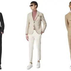 Uomo in abito con giacca beige, un look elegante e moderno.