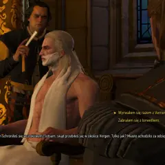 Geralt z W2, golony brzytwą, słucha opowieści o ucieczce z Flotsam.