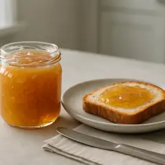 En burk med rabarbermarmelad med citron står bredvid en rostad brödskiva med marmelad på. En kniv och en servett ligger på bordet.