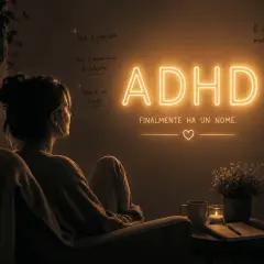 Donna seduta riflette su "ADHD Finalmente ha un nome". Non è pigrizia, ma il suo modo di funzionare. Ora si capisce e si prende cura di sé.