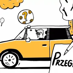 Mężczyzna w okularach jedzie żółtym samochodem. Obok niego dokument z napisem "Przegląd" i symbolem dolara.