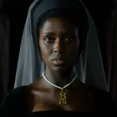 En kvinna i historisk dräkt, med slöja och pärlhalsband, i en scen från anne boleyn series.