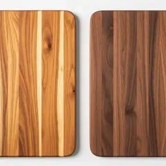 Two wooden cutting boards side-by-side: one light acacia wood, the other dark walnut.