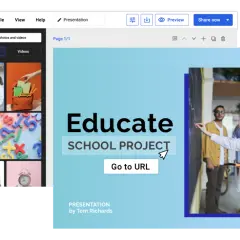 Plantillas de flipbook para proyectos escolares. Una presentación "Educate" con estudiantes en una pizarra.