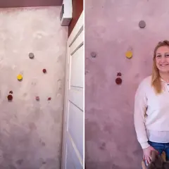 Wabi sabi ściana z kolorowymi kropkami i uśmiechniętą kobietą.