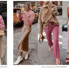 Kobiety w różowych i beżowych stylizacjach. Spodnie 38 jaki to rozmiar? Wzorzyste, eleganckie, idealne na co dzień.