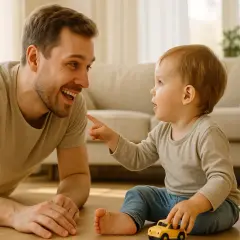 Ojciec śmieje się, gdy dziecko wskazuje palcem. Pokazuje pozytywne metody dyscyplinowania dzieci w przedszkolu, oparte na rozmowie i zabawie.