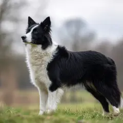 En border collie står stolt i gräset, dess intelligenta blick speglar dess alerta och vänliga border collie temperament.