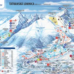 Mapa Tatranskej Lomnice zobrazená v zime, s vyznačenými **stoki, Słowacja**, lanovkami a vrcholmi ako Lomnický štít.