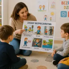 Nauczycielka omawia z dziećmi zasady bezpieczeństwa, pokazując ilustracje dotyczące przechodzenia przez ulicę, jazdy na rowerze i kontaktu z obcymi. Edukacja dla bezpieczeństwa jest kluczowa.