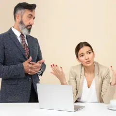 Un collega che vuole comandare, con un'espressione autoritaria, parla con una collega che sembra confusa e frustrata.
